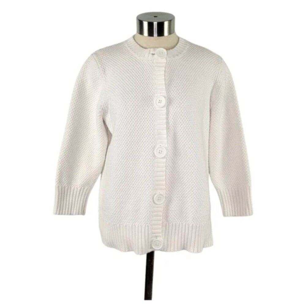 L.L.Bean Women's Textured Thick Knit White Cotton Button-Up Cardigan Size M